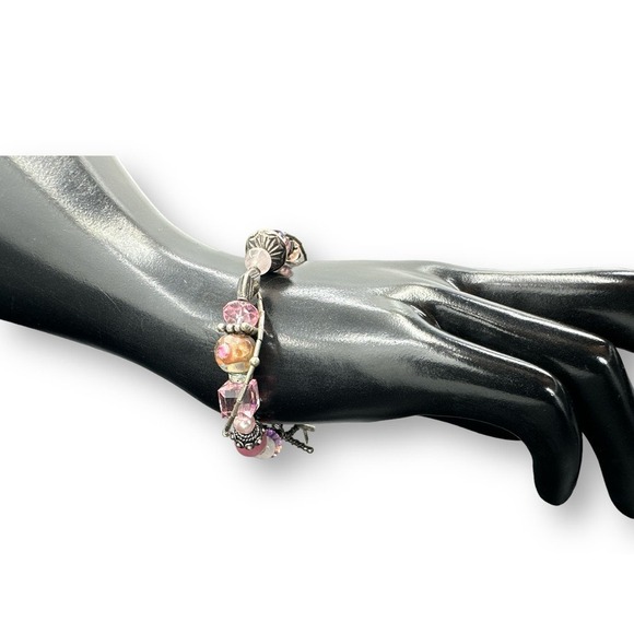 Sterling Silver Breast Cancer Awareness Bracelet Cat's Eye Glass Beads Toggle - Picture 3 of 7